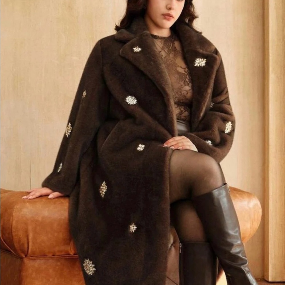 NWT - Women’s Rhinestone Embellished Brown Faux Fur Coat